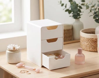 Förvaringslåda med 3 lådor för skrivbordet, vit, smycken, smink, kosmetika, brevpapper, små tillbehör, sovrum, badrum, bänkskåp