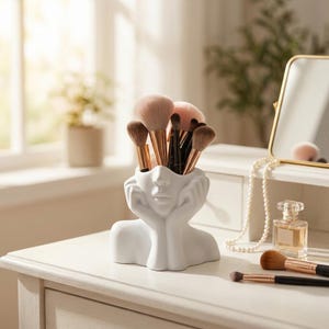 Porta-pincéis de maquiagem facial, organizador de cosméticos feminino abstrato, pote escultural para penteadeira, decoração moderna para mesa de toucador.