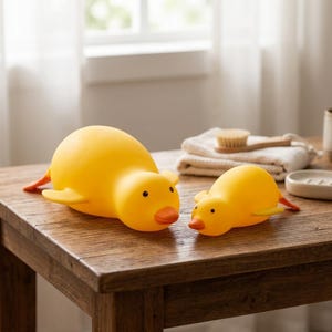 Könnte beinhalten: Zwei gelbe Badeenten mit orangefarbenen Schnäbeln und Füßen, die glatte, abgerundete Körper und kleine schwarze Augen aufweisen. Die größere Ente befindet sich links, die kleinere rechts, beide ruhen auf einer hölzernen Oberfläche.