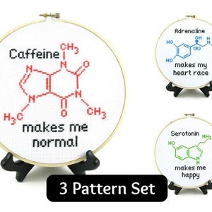 Molecule Cross Stitch Pattern Bundle Set Adrenaline, Caffeine, & Serotonin image 1