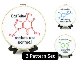 Molecule Cross Stitch Pattern Bundle Set - Adrenaline, Caffeine, & Serotonin