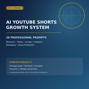 May include: A digital product graphic titled AI YOUTUBE SHORTS GROWTH SYSTEM by HARVIS PRODUCTS. It lists 38 professional prompts for research, hooks, scripts, captions, packaging, and visual production, plus a 134-page guide, workbook, and files.