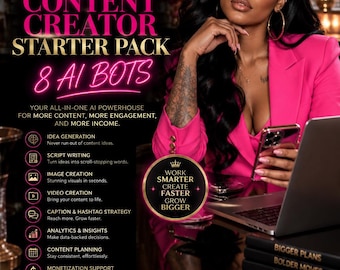 May include: A digital marketing advertisement for The Luxe Lab Content Creator Starter Pack featuring 8 AI bots. The text includes "Work Smarter, Create Faster, Grow Bigger" and "Your Dreams Deserve a Strategy" with a pink "Get Instant Access" button.