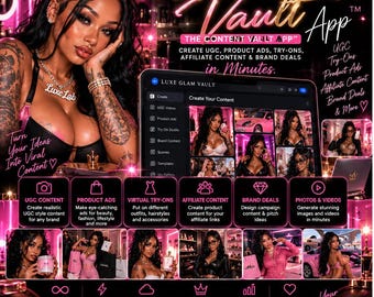 May include: A digital advertisement for the Luxe Glam Vault app featuring a person with dark hair and tattoos. The graphic displays the app interface, various content creation categories, and promotional text including Get Access Now.