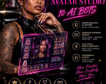 May include: A digital advertisement for The Luxe Lab AI Visuals & Avatar Studio featuring a person holding a tablet displaying AI-generated portraits. The graphic includes neon pink text, icons for 10 AI bots, and a Get Instant Access button.