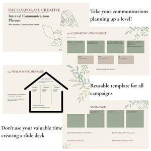 May include: A digital internal communications planner template featuring sections for communication briefs, message building with a house-shaped diagram, and a dashboard. The design uses a cream background with sage green accents, botanical leaf illustrations, and dark text.