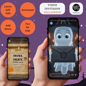 May include: Two smartphones displaying a digital Halloween invitation. The left screen shows a scroll-style invitation with text reading BOO! PLEASE JOIN NOAH FOR TRICKS, TREATS, & SPOOKY SWEETS. The right screen features an animated ghost wearing a hat.
