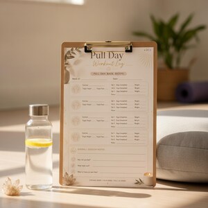 May include: A wooden clipboard holding a printed Pull Day Workout Log sheet with sections for back and biceps exercises, sets, reps, and notes. The page features minimalist botanical illustrations and the text Strong Body, Calm Mind, Soul Piloted.