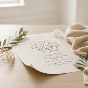 May include: A white paper sheet featuring gold text that reads Simple MACRO TRACKING SHEET Printable, DIGITAL FOOD NUTRITION LOG, MACRO COUNTER TEMPLATE, WELLNESS DOWNLOAD, and FOOD TRACKING PRINTABLE, framed by a thin gold arch design.