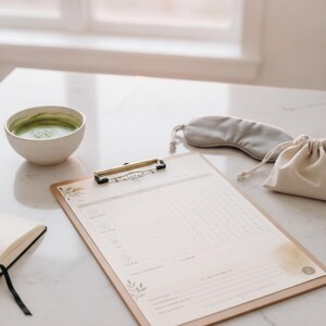 May include: A wooden clipboard holding a printed planner sheet with the word Target at the top, accompanied by a small white bowl containing a green liquid, a grey fabric eye mask, a small beige drawstring pouch, and a closed notebook.