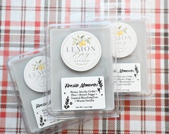 Könnte beinhalten: Zwei durchsichtige Kunststoffbehälter gefüllt mit grauem Wachs. Jedes Paket hat ein rundes Lemon Bay Studio Logo und ein rechteckiges Etikett mit der Aufschrift Fireside Memories sowie Noten von rauchiger Zeder, Kiefer, braunem Zucker, geröstetem Marshmallow und warmer Vanille. Nettogewicht 71g.