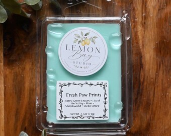 Könnte beinhalten: Eine hellminzgrüne Wachsschmelzverpackung mit einem kreisförmigen Lemon Bay Studio-Logo und einem rechteckigen Etikett mit der Aufschrift Fresh Paw Prints, das Noten von grünen Blättern, Maiglöckchen, Rose, Sandelholz und Ozon auflistet, 71g.