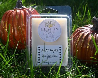Könnte beinhalten: Ein rechteckiges Duftwachs in einer durchsichtigen Kunststoffverpackung. Das Etikett zeigt Lemon Bay Studio und Moonlit Pumpkin mit Noten von Kürbisranken, warmen Gewürzen, Karamell und Glut. Das Nettogewicht beträgt 71g.