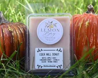 Könnte beinhalten: Ein rechteckiges Duftwachs in einer durchsichtigen Kunststoffverpackung. Das Etikett zeigt den Text Lemon Bay Studio und Cider Mill Donut mit Duftnoten von Apfelwein, Zimtdonut, Vanillezucker und warmer Tonkabohne. Nettogewicht 71g.