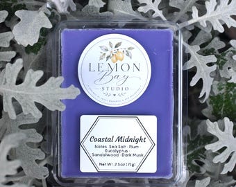 Könnte beinhalten: Ein rechteckiges, violettes Duftwachs in einer durchsichtigen Kunststoffverpackung. Das obere Etikett zeigt den Text Lemon Bay Studio mit einer Zitronenabbildung. Das untere Etikett trägt die Aufschrift Coastal Midnight, Notes: Sea Salt, Plum, Eucalyptus, Sandalwood, Dark Musk, Net Wt. 71g.
