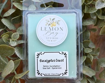 Könnte beinhalten: Ein hellgrünes Duftwachs in einer durchsichtigen Kunststoffverpackung. Das runde Etikett zeigt eine Zitronenillustration und den Text Lemon Bay Studio. Ein rechteckiges Etikett trägt den Text Eucalyptus Coast, Notes: Eucalyptus, Sea Salt, Spearmint, und Net Wt. 71g.
