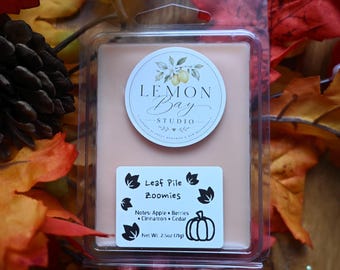 Könnte beinhalten: Ein pfirsichfarbenes Duftwachs in einer durchsichtigen Kunststoffverpackung. Das Etikett zeigt den Text Lemon Bay Studio, Leaf Pile Zoomies und Notes: Apple, Berries, Cinnamon, Cedar, mit einem Nettogewicht von 71g (2.5 oz) auf der Vorderseite.