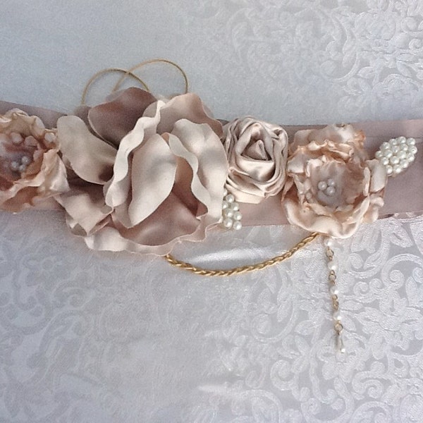 Beige Bridal Sash / Belt  / head scarf ,PEARLS , FLOWERS, ELEGANT