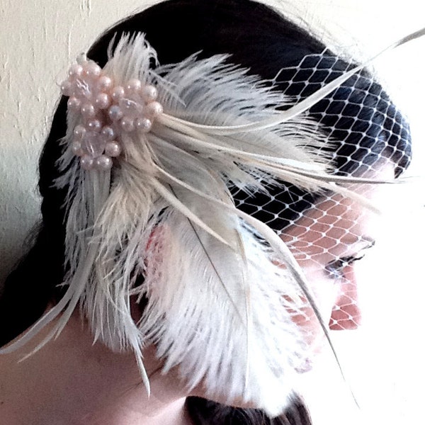 Ivory Ostrich Feather Bridal Fascinator Hair Clip,  Wedding Bridal Headpiece