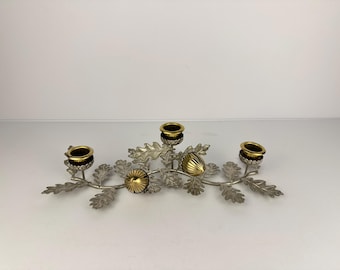 Vintage Oak Leaf & Acorn Candelabra, Silver Gold Tone Metal, Fall Thanksgiving Centerpiece