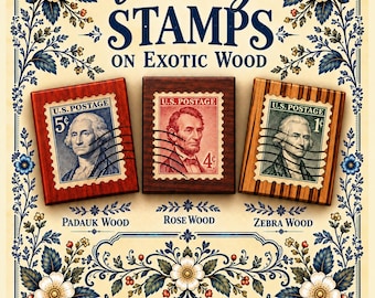 Magnesy w kształcie starych znaczków pocztowych na egzotycznym drewnie | Unikatowe, ręcznie robione magnesy na lodówkę | Nostalgiczne prezenty | Padauk, palisander i zebrawood