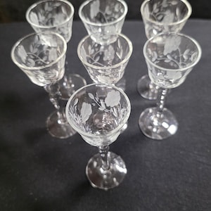 Puede incluir: Un conjunto de siete copas de licor de cristal transparente con tallo, cada una con un delicado patrón floral grabado alrededor del cáliz. Las copas tienen un tallo fino y una base circular, dispuestas en grupo con un diseño uniforme.