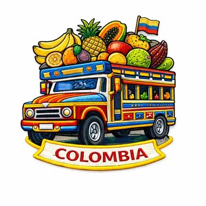 May include: A colourful chiva bus patch featuring a vibrant assortment of tropical fruits on its roof, including bananas, pineapple, and papaya. The bus is painted in bright red, blue, and yellow, with a small Colombian flag and the word COLOMBIA below.