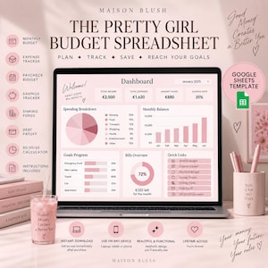May include: A digital budget spreadsheet template for Google Sheets titled The Pretty Girl Budget Spreadsheet by Maison Blush. The screen displays a dashboard with financial charts, a spending breakdown, and savings goals in shades of pink.