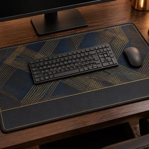 Geometric Gold Desk Mat, Black Navy Desk Pad, Art Deco Mouse Pad, Modern Office Desk Mat, Computer Desk Accessories