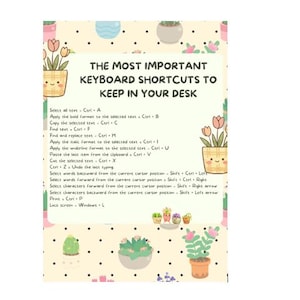 Op de afbeelding: Een crèmekleurige informatieposter met zwarte stippen en illustraties van potplanten. De tekst luidt: THE MOST IMPORTANT KEYBOARD SHORTCUTS TO KEEP IN YOUR DESK, gevolgd door een lijst met computeropdrachten zoals Ctrl + A, Ctrl + C en Ctrl + V.