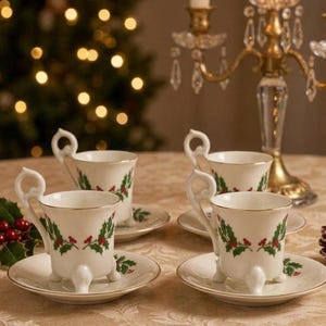 May include: A set of four white porcelain teacups and saucers featuring a green holly leaf and red berry pattern with gold trim. Each cup has three small feet and a decorative looped handle. A brass candelabra stands behind the teacups.