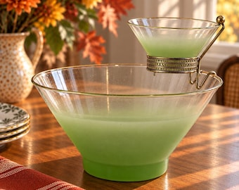 May include: A large, conical glass bowl with a light green tint, featuring a smaller matching glass bowl suspended above it by a decorative, ornate gold-toned metal bracket. The glass has a smooth, translucent finish throughout.