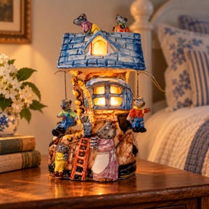 May include: A ceramic light-up house sculpture shaped like a shoe, featuring a blue roof, yellow accents, and multiple mouse figures. The structure includes a ladder, windows with warm interior lighting, and two mice hanging from the roof eaves.