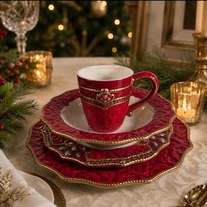 May include: A red ceramic mug with a white interior and gold-toned trim, resting on a matching red and white bowl and a larger red dinner plate. The set features intricate embossed patterns, scalloped edges, and small embedded decorative accents.