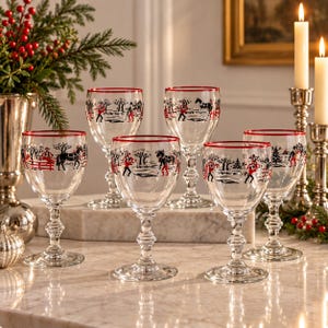 Christmas Tablescape Vintage MCM Red Rim Wine Goblets Set of 6, 1950s Winter Farm Chores Horse Sleigh Holiday Glasses, Festive Dining Decor