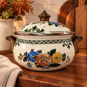 May include: A cream-colored enamel pot with a matching lid, featuring hand-painted floral motifs in blue, orange, and yellow with green leaves. The pot has two dark, textured metal handles and a matching dark metal knob on the lid.