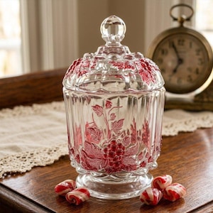 May include: A clear glass candy jar with a matching lid featuring a raised, textured red grape and leaf pattern. The jar has a pedestal base and a spherical finial on top. Several red and white striped hard candies are placed at the base.