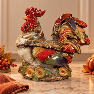 May include: A ceramic rooster-shaped canister with a glossy finish. The rooster features a vibrant red comb and wattle, with feathers painted in shades of brown, green, blue, and red. The base is decorated with sculpted sunflowers and leaves.