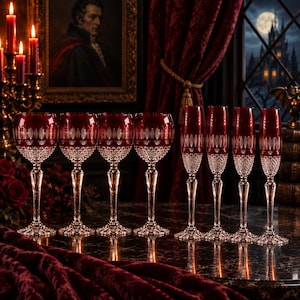 May include: A set of eight crystal glasses featuring a deep red upper bowl with vertical cut patterns and a clear, diamond-cut base. The collection includes four wide-bowled wine glasses and four slender champagne flutes, all with tall, clear stems.