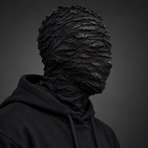 Puede incluir: Un pasamontañas negro confeccionado con un tejido de encaje texturizado y superpuesto que cubre toda la cabeza y la cara, combinado con una sudadera con capucha negra lisa. La máscara presenta un patrón complejo de tejido abierto con huecos.