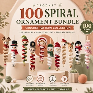 May include: A digital collection titled 100 Spiral Ornament Bundle Crochet Pattern Collection featuring various crocheted holiday characters like snowmen, elves, nutcrackers, and animals with spiral bodies and small hanging bells or stars.