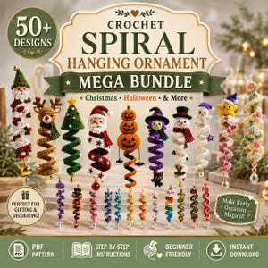 May include: A digital bundle of 50+ crochet spiral hanging ornament patterns featuring various characters like Santa, reindeer, pumpkins, and witches. The image displays colorful, textured yarn creations with festive themes for Christmas and Halloween.