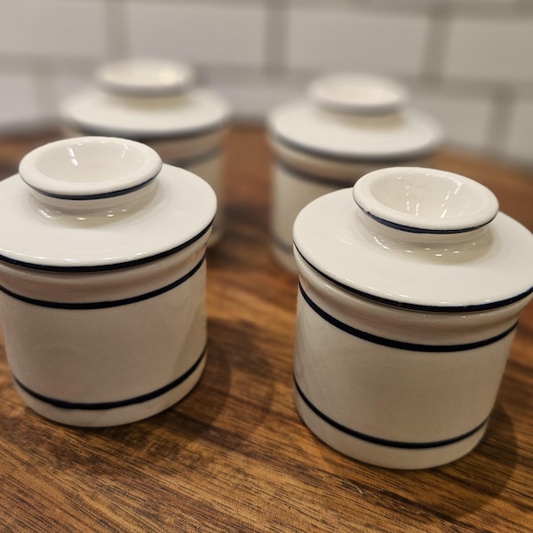 Set of 4 Blue Stripe Porcelain Egg Coddlers Covered Egg Cups White Navy Farmhouse Cottage Kitchen Made in China