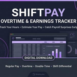Könnte beinhalten: Eine digitale Download-Grafik für SHIFTPAY OVERTIME & EARNINGS TRACKER. Die dunkelviolette Benutzeroberfläche zeigt Datendiagramme, Tabellen und den Text: Track Your Hours, Estimate Your Pay, Catch Payroll Surprises Early, Regular Pay, Overtime, Double-Time, Shift Differential.