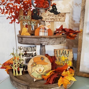 Scarecrow tiered tray decor, Fall tiered tray, Scarecrow decor, Wood tiered tray, Wood Fall decor, Harvest wishes, Halloween tiered tray