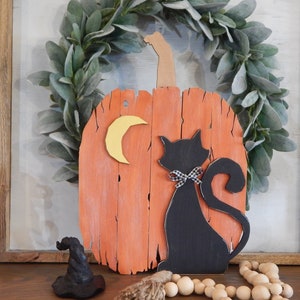 Wood Halloween pumpkin and cat decor