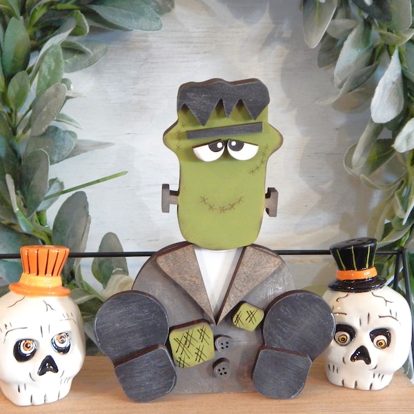 Frankenstein wood Halloween Decor, Halloween tiered tray decor