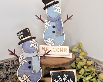Laser Cut Maple Wood Snowman, Winter Tiered Tray Decor