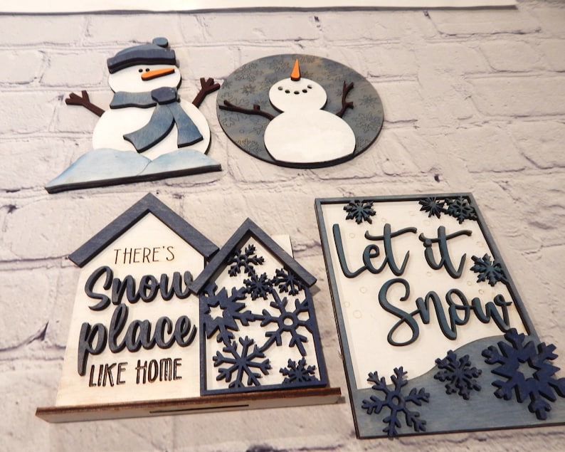 Snowman tiered tray set, Winter tiered tray, Snowman decor, Let it snow decor, Let it snow sign, Winter decor, No place like home, wood sign image 5