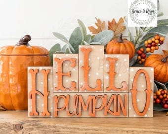 Hello Pumpkin Fall Word Blocks Shelf Sitter, Fall Tiered Tray Decor, Fall Mantle Decor, Farmhouse Fall Wood Decor, Hello Pumpkin Sign